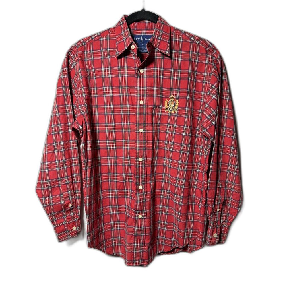 Ralph Lauren Plaid Button Down Shirt 6 Red Green Tartan Gold Crest Embroidered - Picture 2 of 8